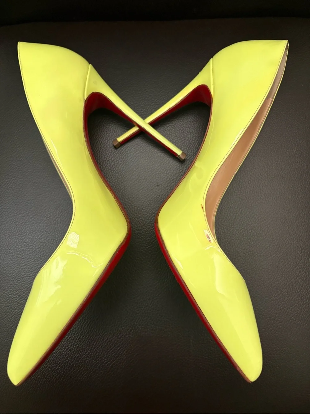 Christian Louboutin So Kate Neon Yellow Patent Pointed Toe Pumps 120mm